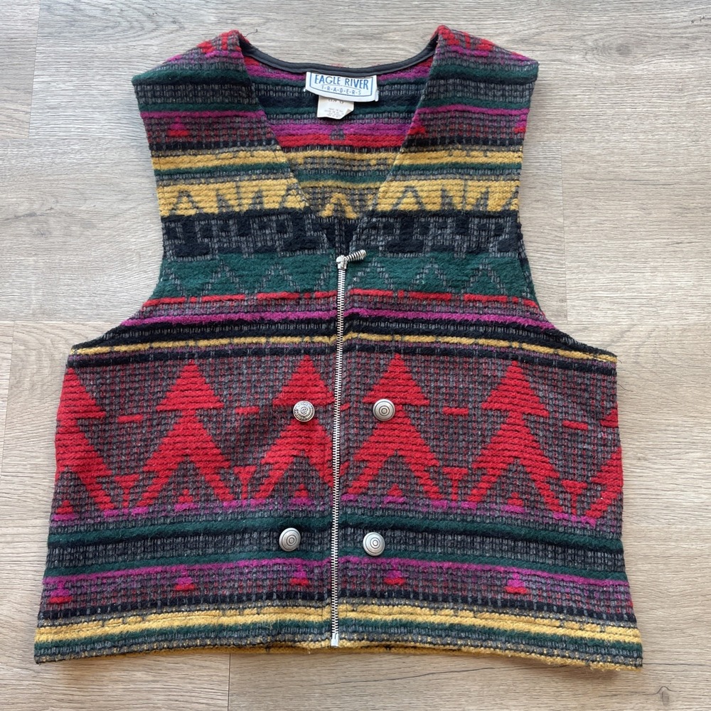 Vintage Eagle River Traders Womens Size 12 Wool Blend Zip Vest Aztec USA Made